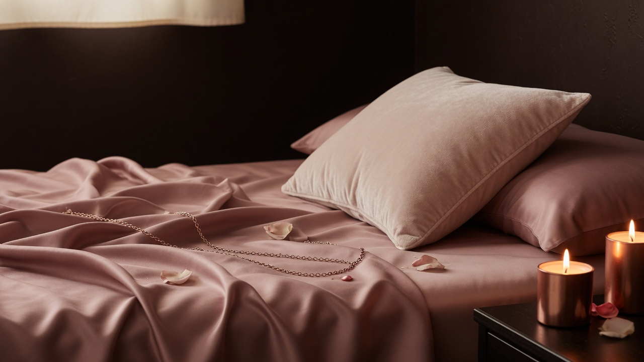 Dark silk and candlelight luxury bedroom mood