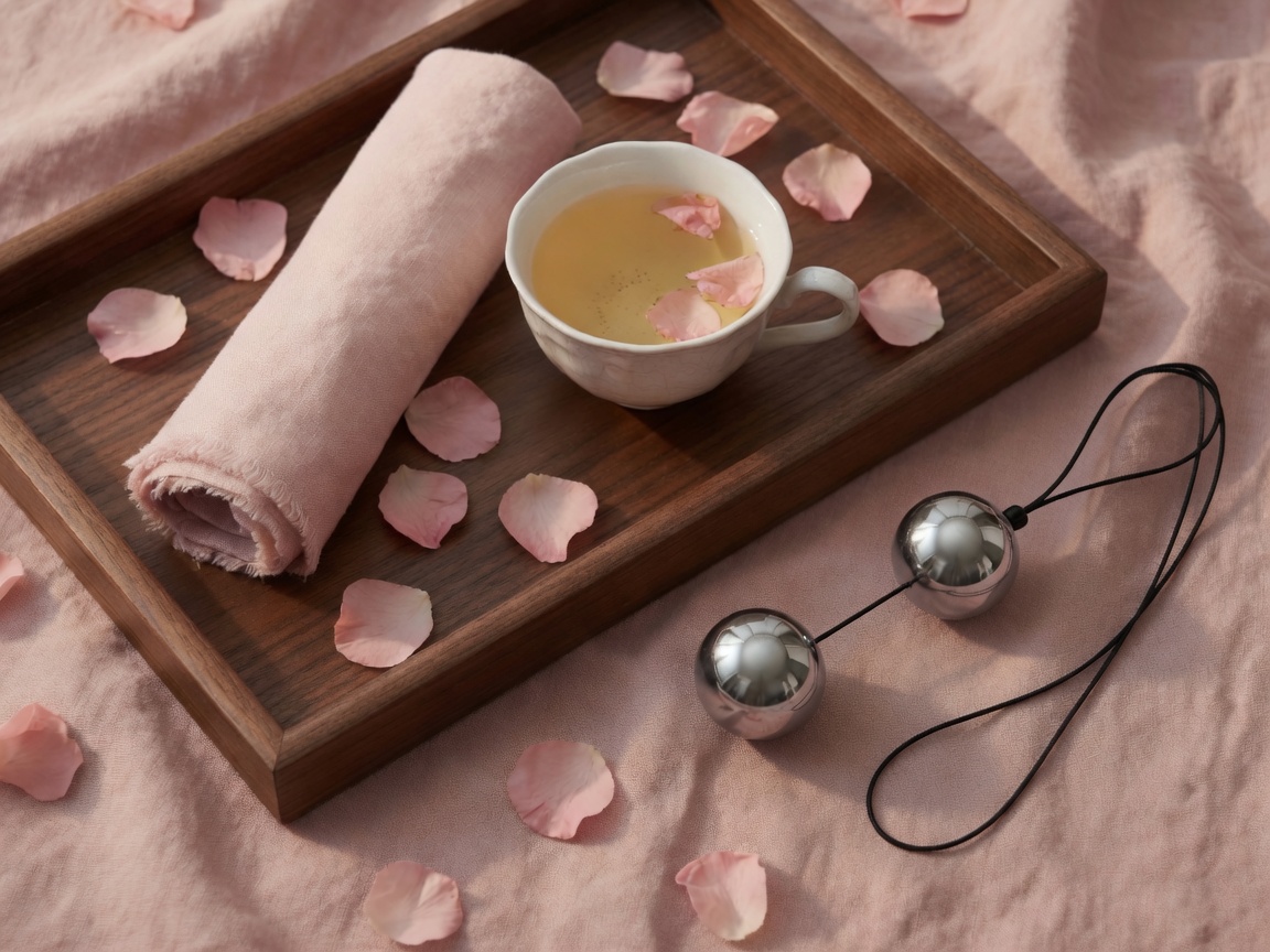 Two silver Ben Wa balls linked by a string with a retrieval cord, lifestyle tray setting